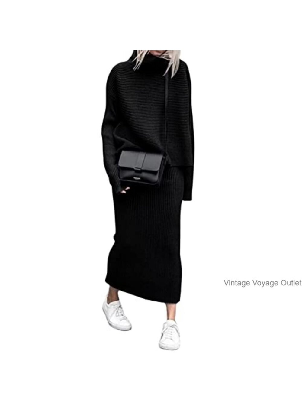Turtleneck 2 Piece Sweater Skirt Set Ribbed Knit Midi Pencil High Waisted